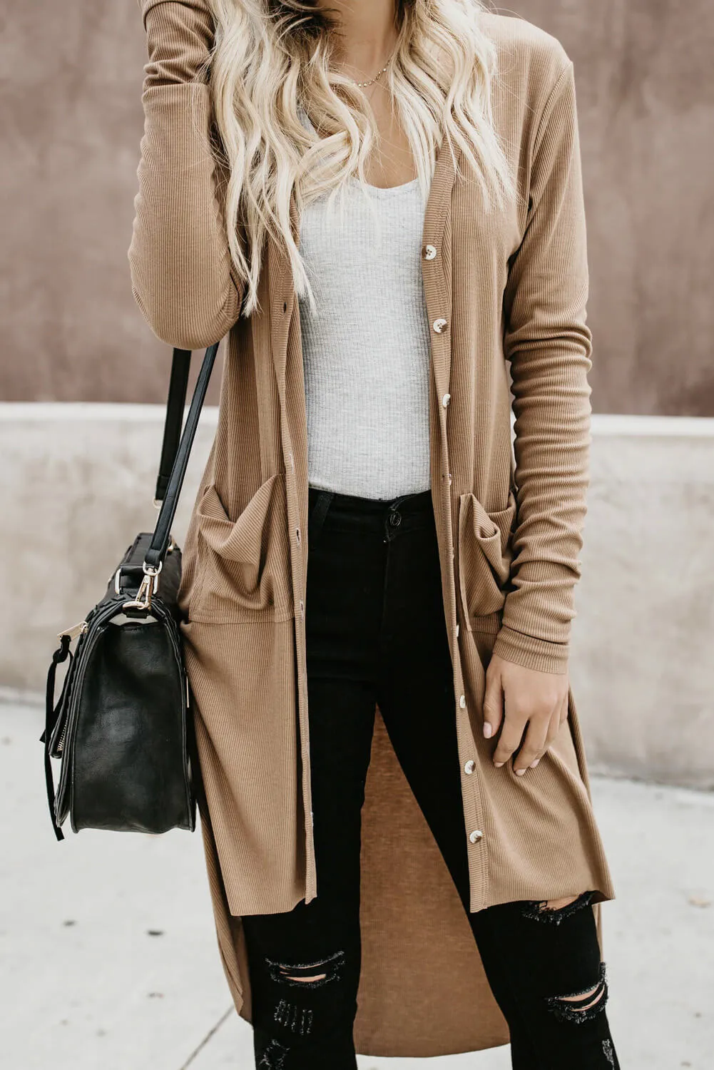 Beige Button Down High Low Long Sleeves Cardigan