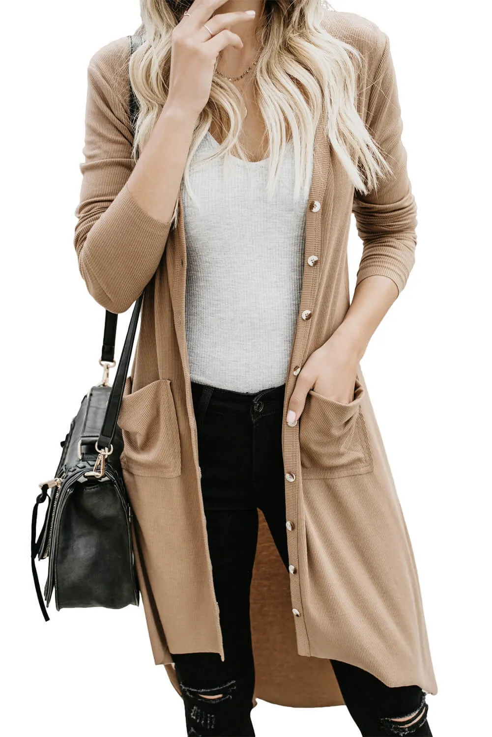 Beige Button Down High Low Long Sleeves Cardigan