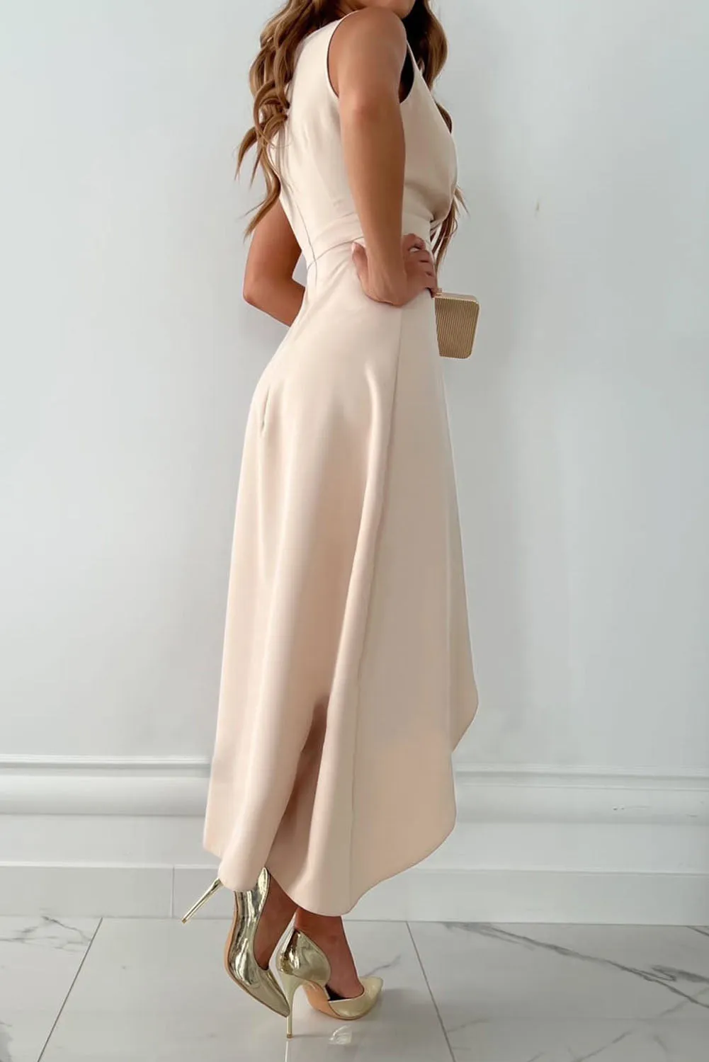 Beige Surplice V Neck Frill Slit Midi Dress