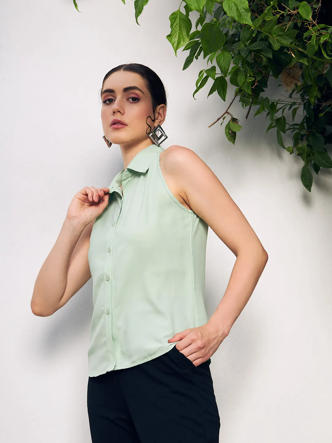 Berrylush BIZwear Women Solid Green Spread Collar Neck Sleeveless Front Button Straight Hem Regular Shirt