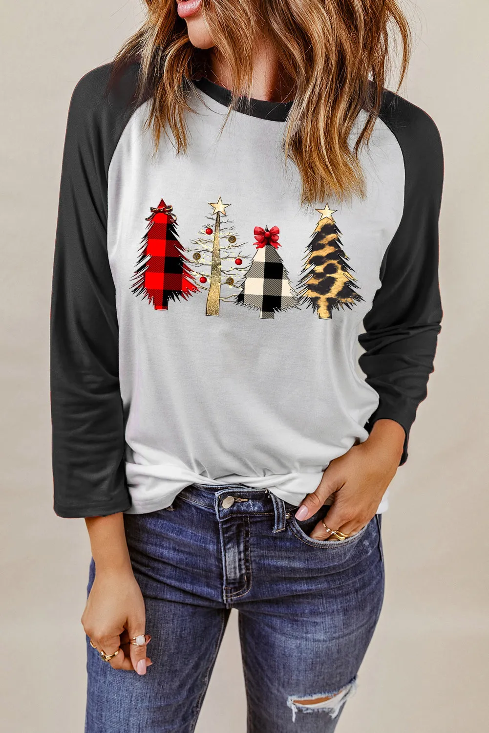 Black Christmas Color Block Long Sleeve Top