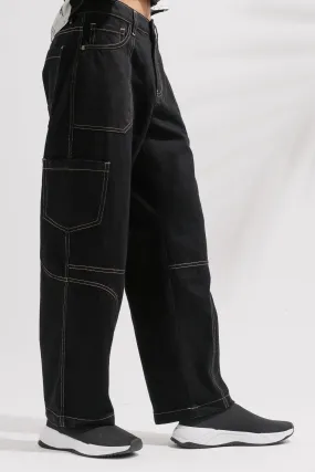 Black Contrast Seam Men's Cargo Jeans