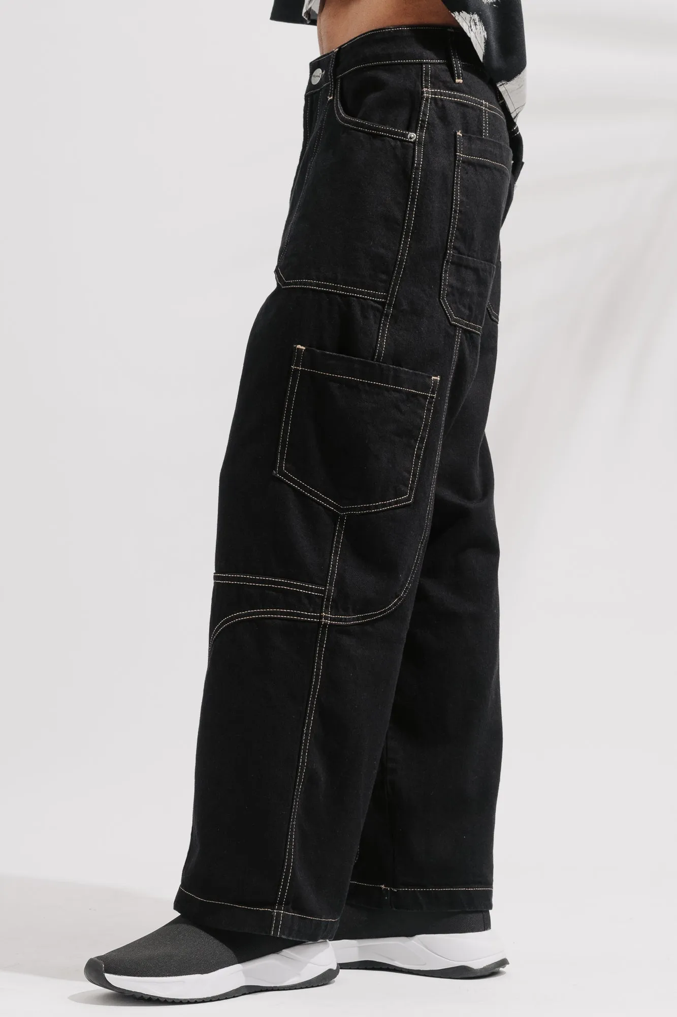 Black Contrast Seam Men's Cargo Jeans