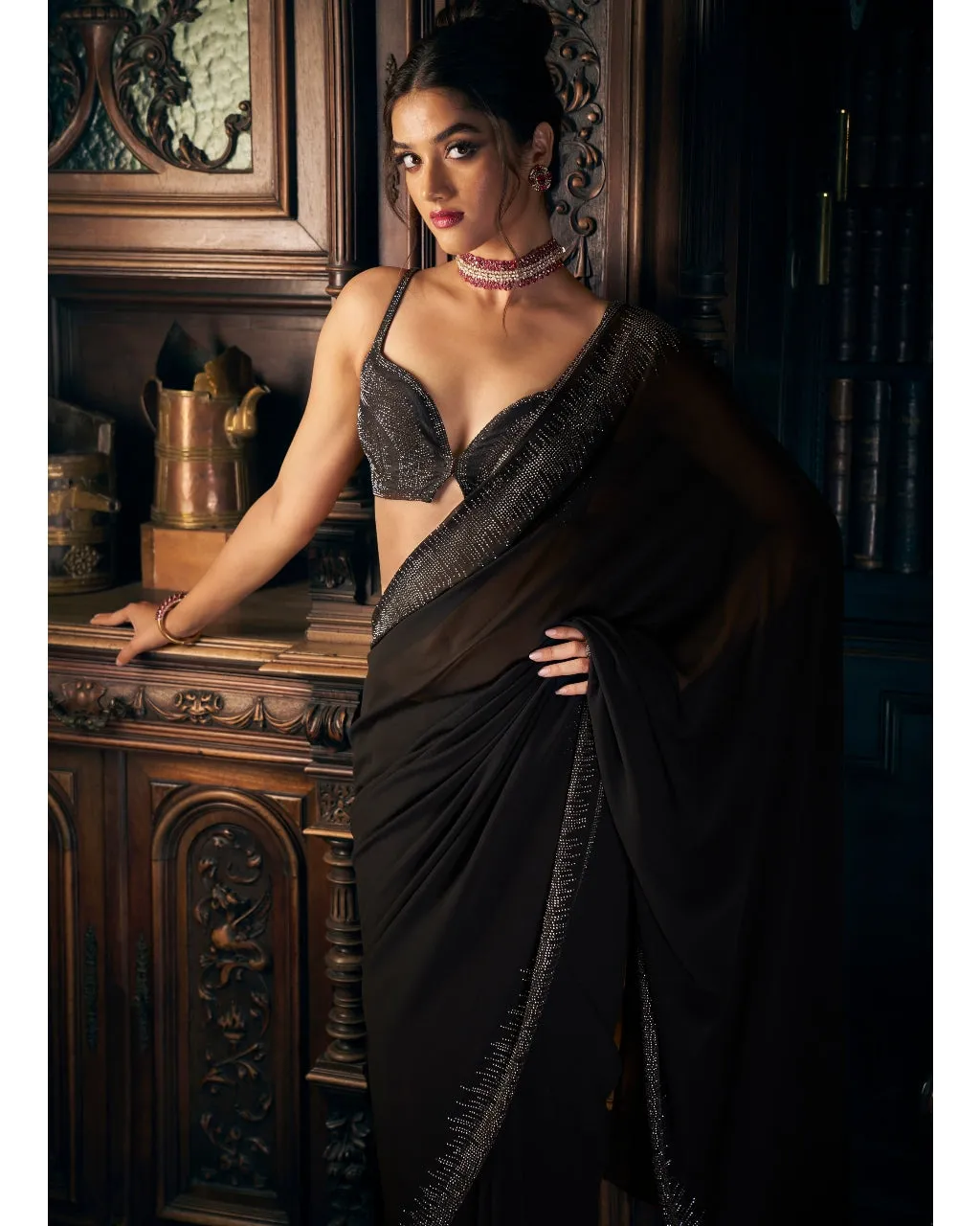 Black Crystal Georgette Sari Set