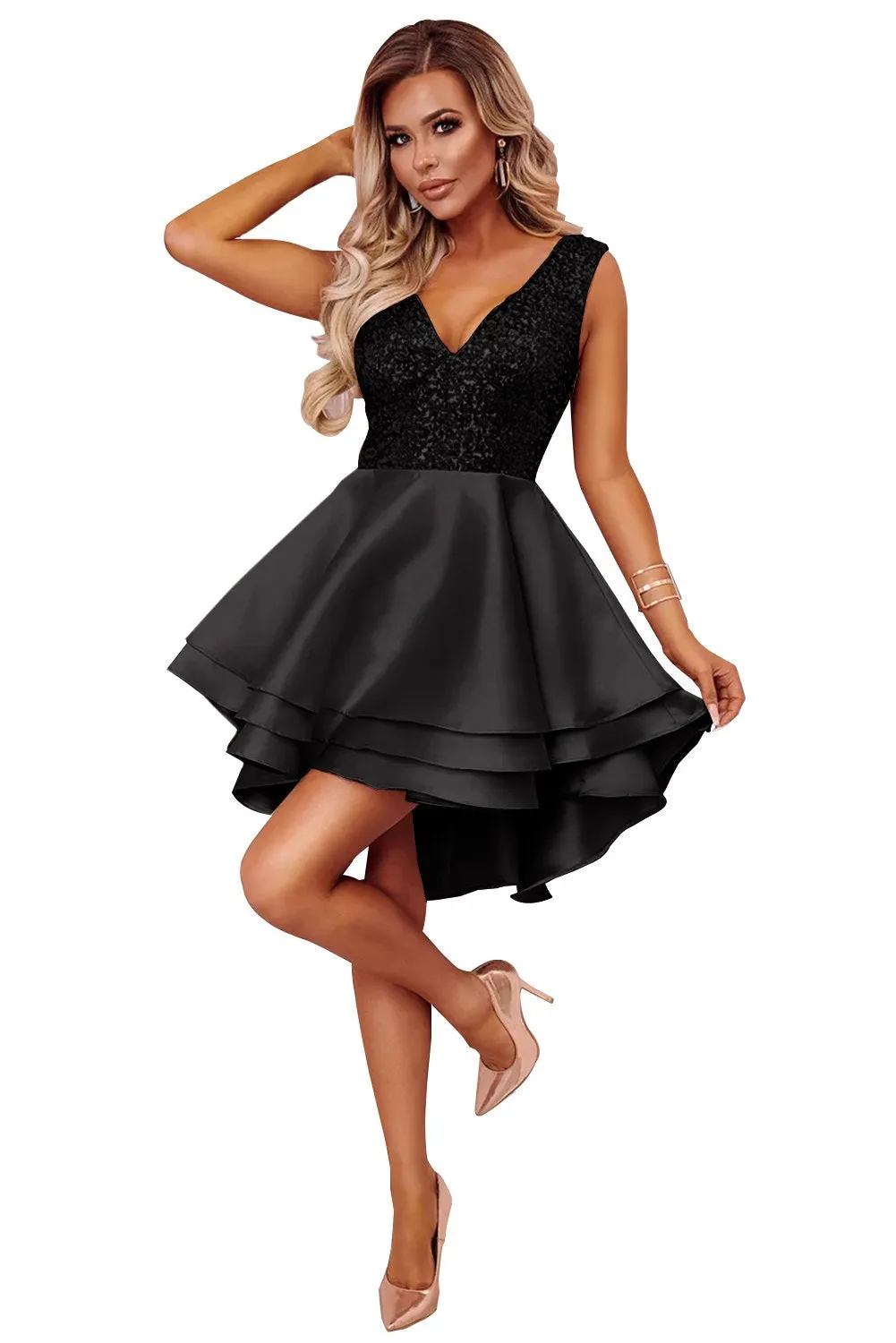 Black Deep Neck Sequin Skater Layer Dress