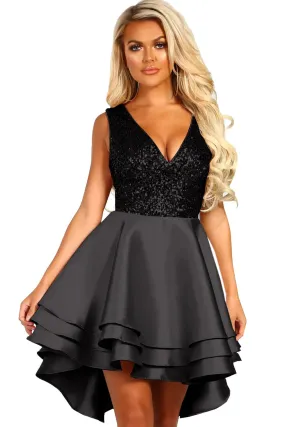 Black Deep Neck Sequin Skater Layer Dress