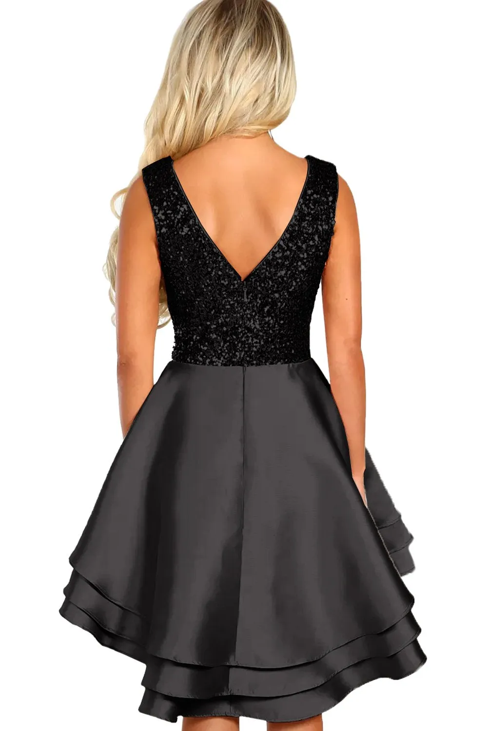 Black Deep Neck Sequin Skater Layer Dress