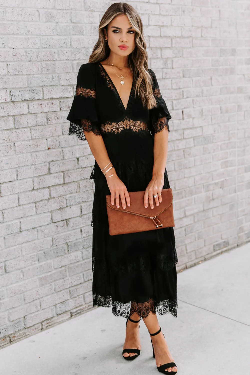 Black Deep V Neck Lace Patch Midi Dress