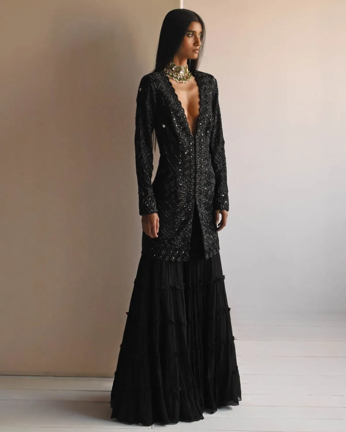 Black Sharara And Jacket Set