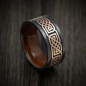 Black Titanium Men's Ring with 14K Gold Celtic Knot and Wood Sleeve Custom Made Band