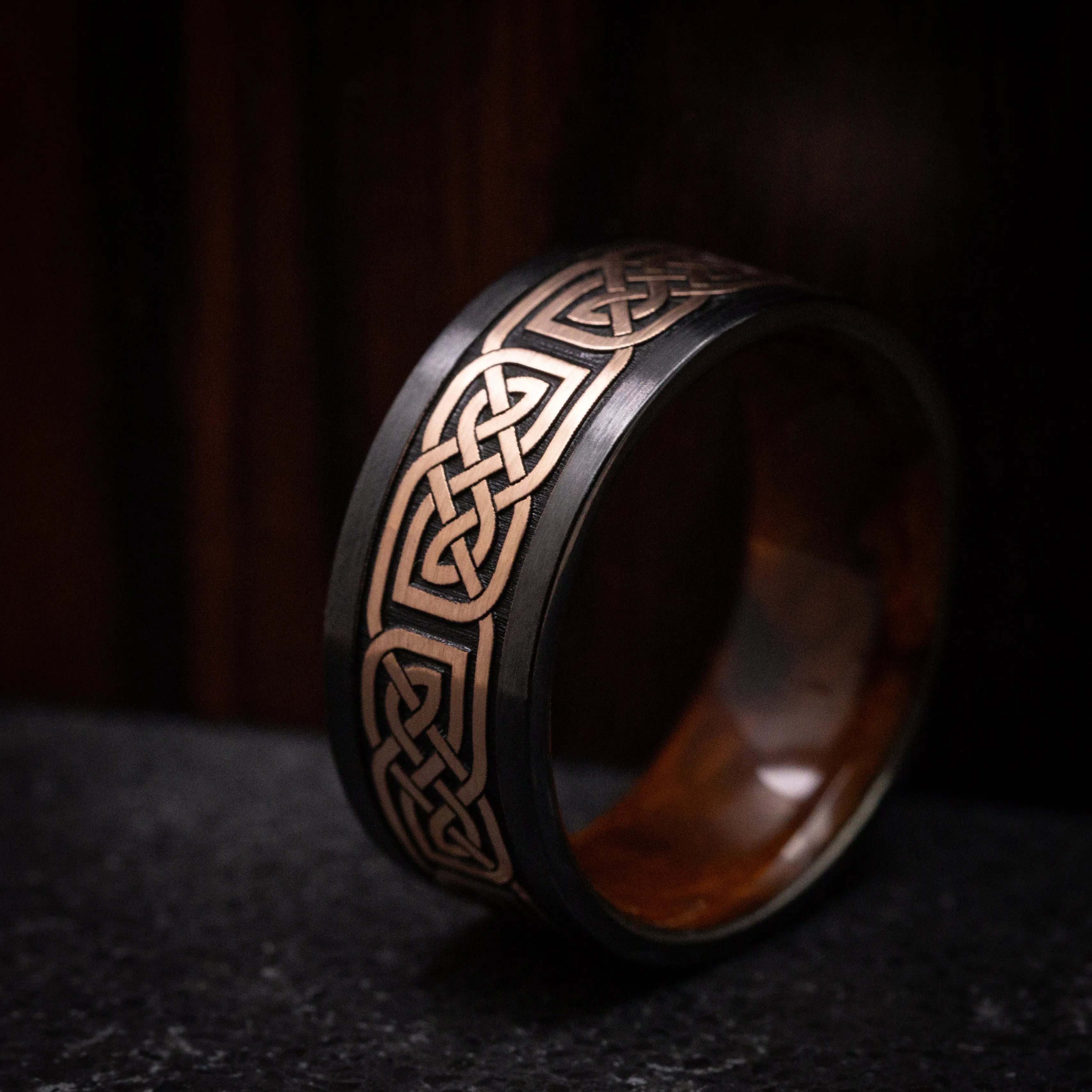 Black Titanium Men's Ring with 14K Gold Celtic Knot and Wood Sleeve Custom Made Band