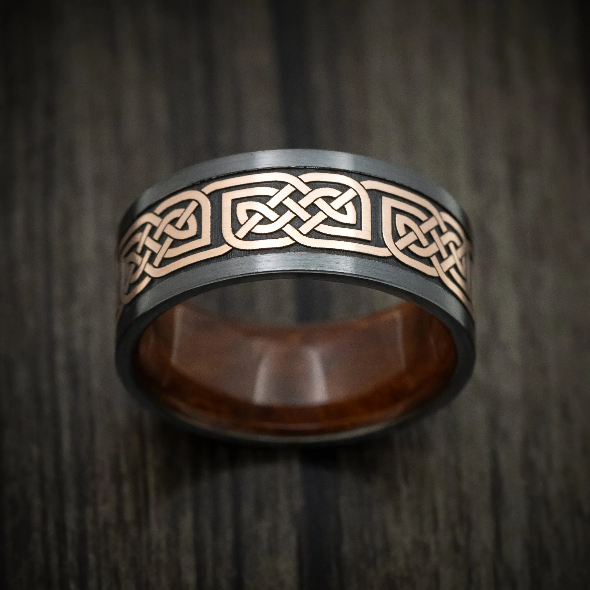 Black Titanium Men's Ring with 14K Gold Celtic Knot and Wood Sleeve Custom Made Band