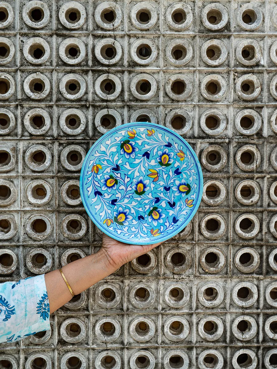 Blooming Harmony: Serene Garden Blue Pottery Wall Plate By Gopal Lal Kharol