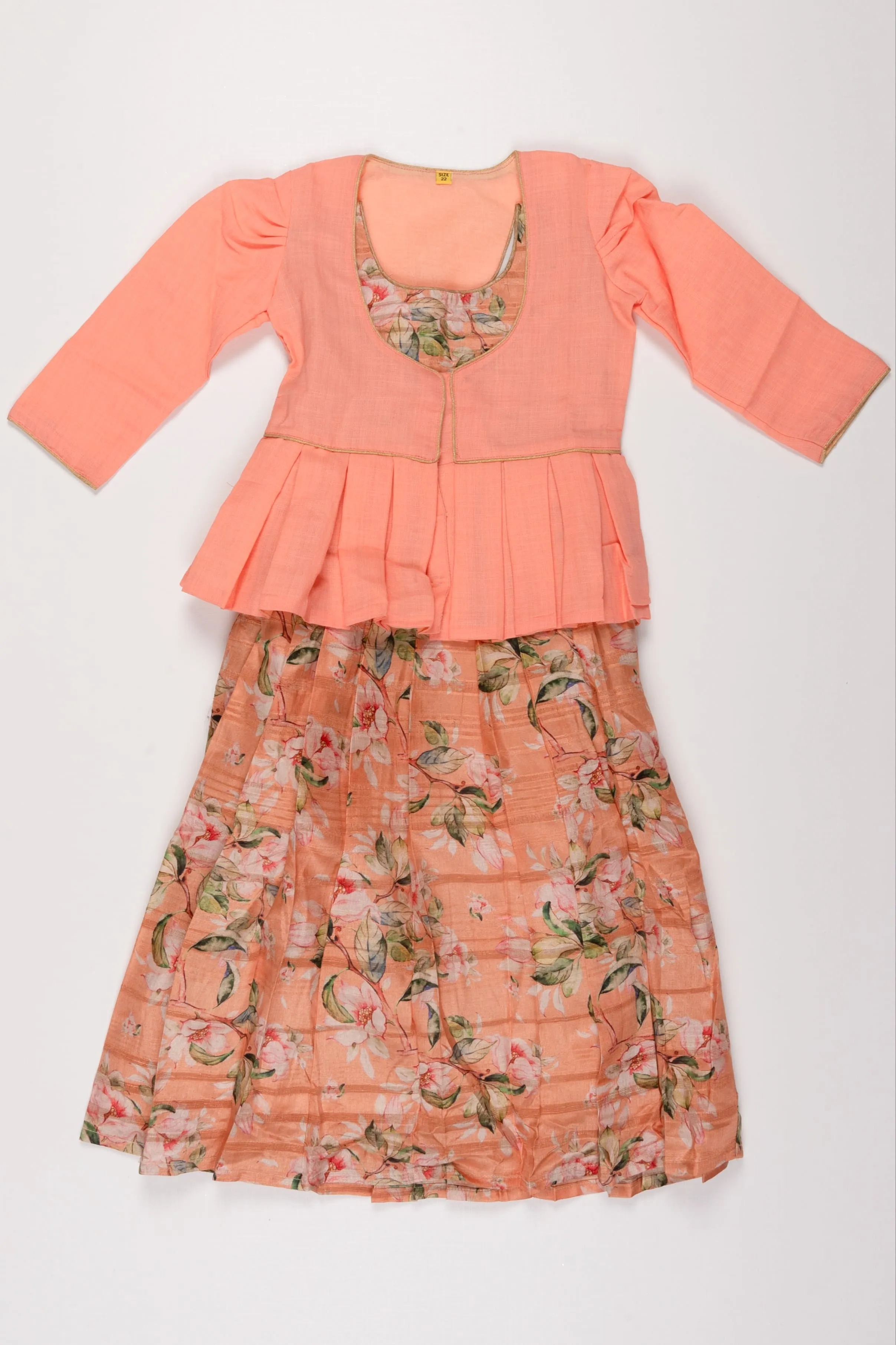 Blossom Bliss: Kalamkari Printed Anarkali Gown with Pink Overcoat for Girls