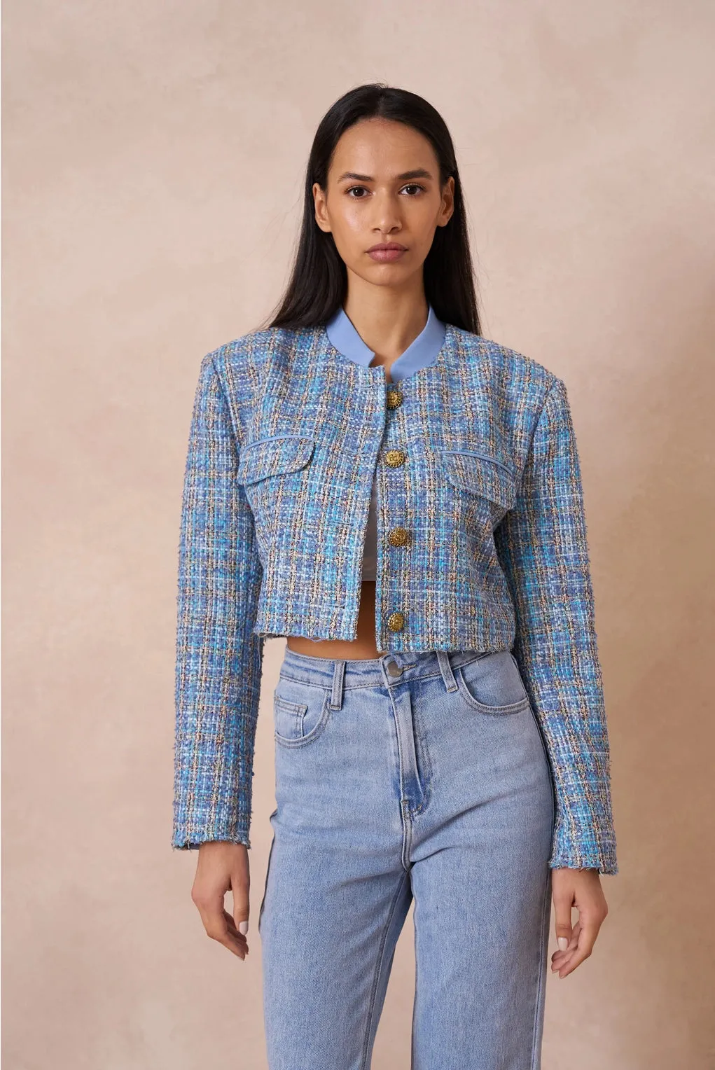 Blue Cropped Tweed Blazer Jacket