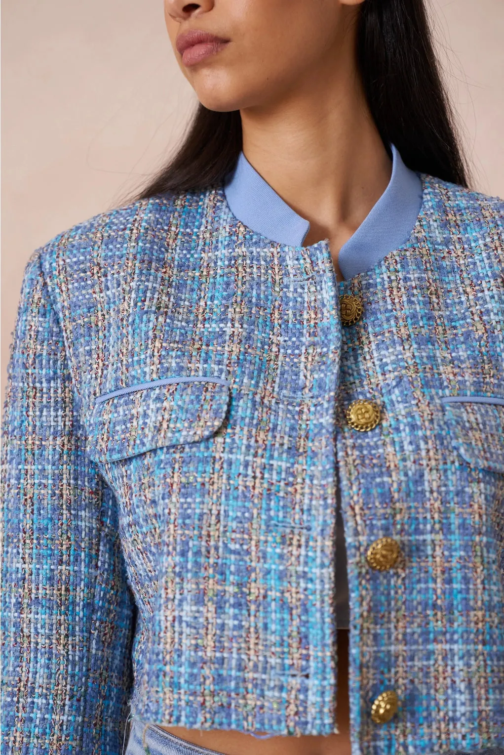 Blue Cropped Tweed Blazer Jacket