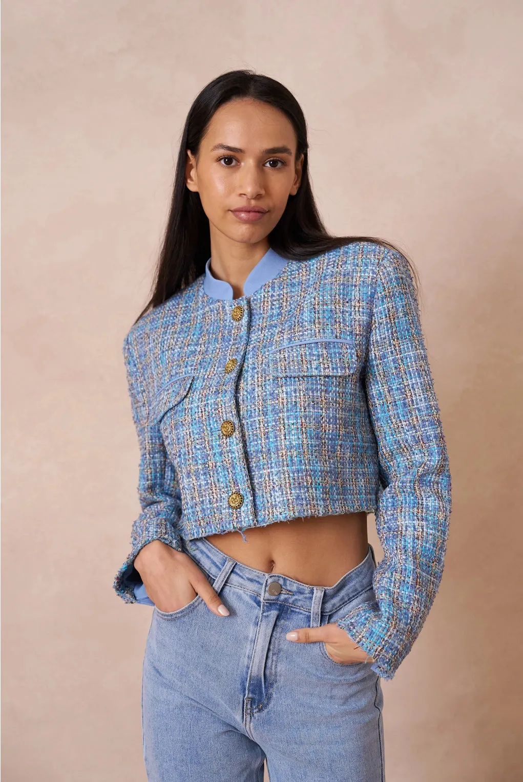 Blue Cropped Tweed Blazer Jacket