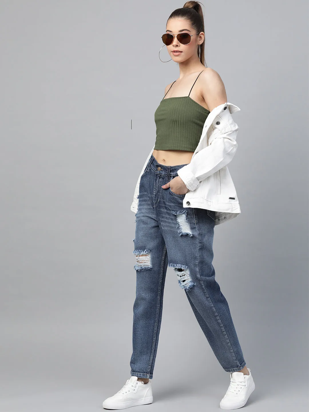 Blue High Waist Distressed Knee Jeans