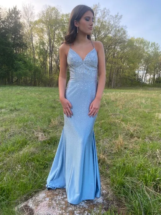 Blue Mermaid Beaded Long Prom Dress Evening Dress SH874