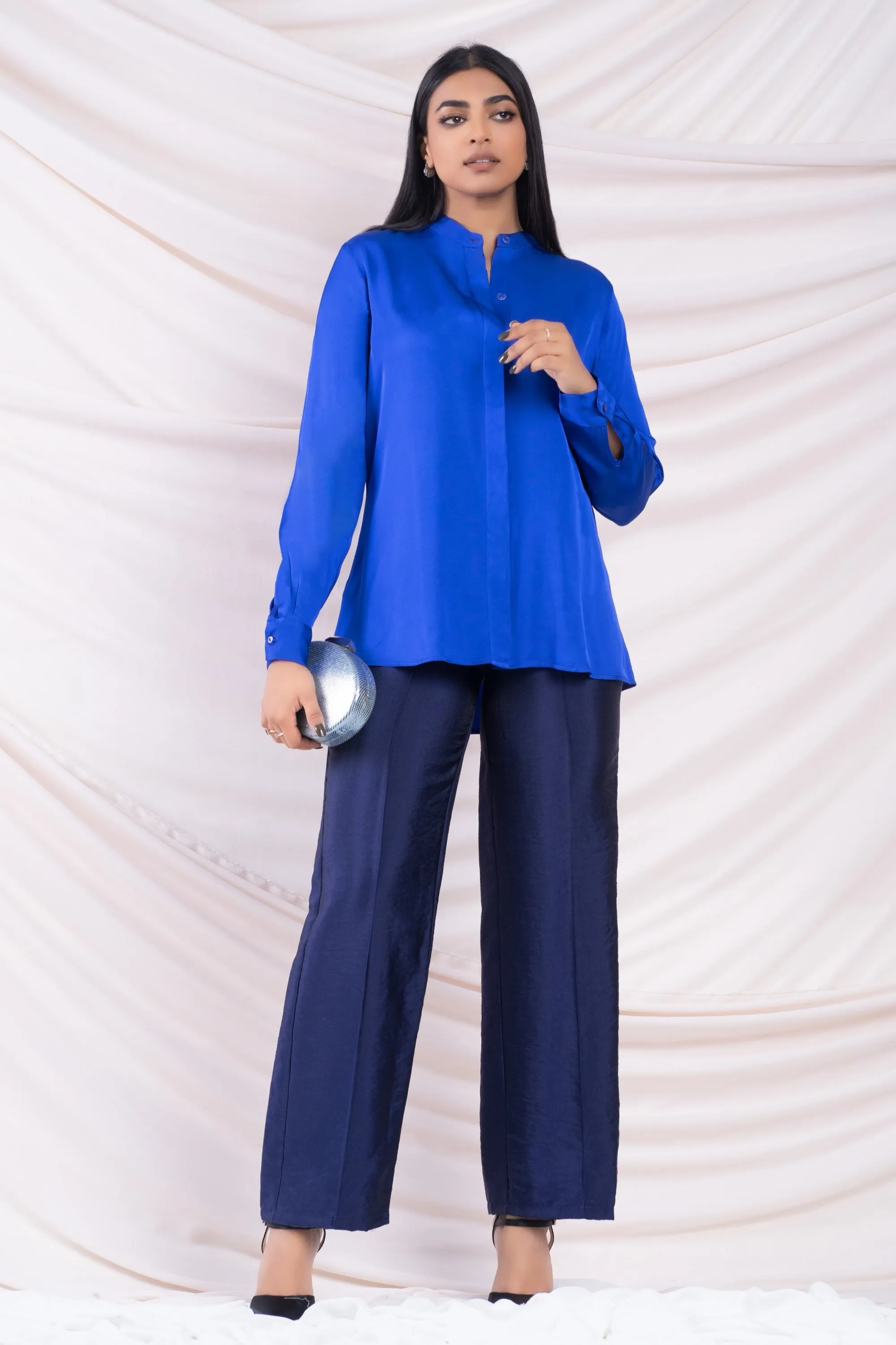 Blue Satin Mandarin Shirt