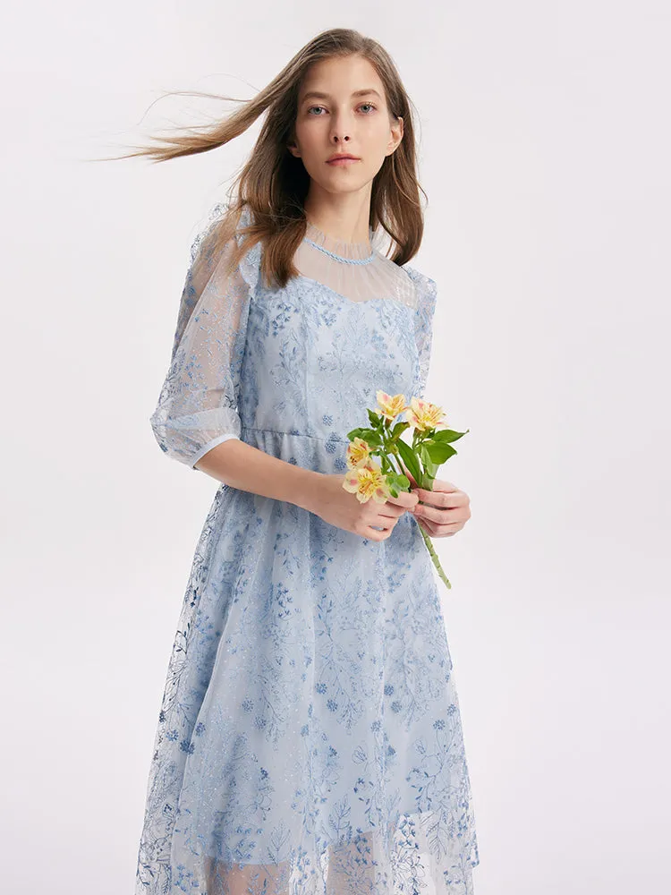 Blue See-Through Tulle Embroidered Dress