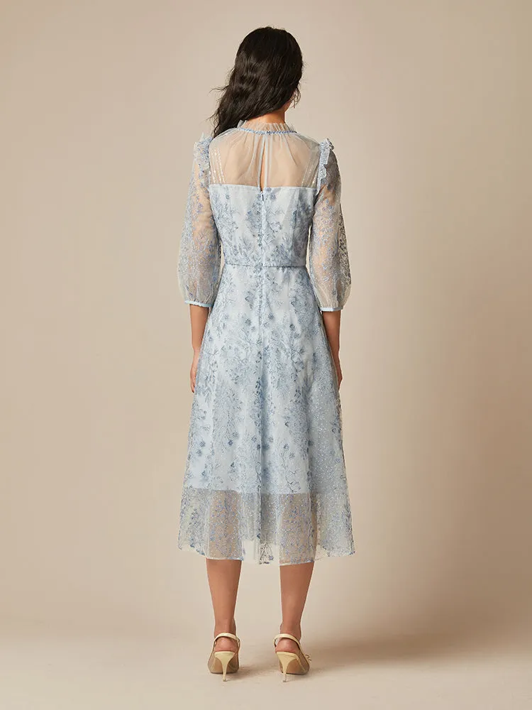 Blue See-Through Tulle Embroidered Dress