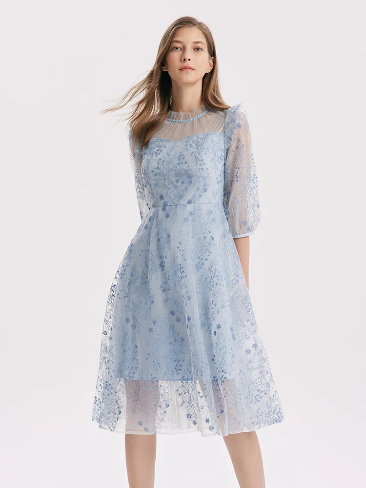 Blue See-Through Tulle Embroidered Dress