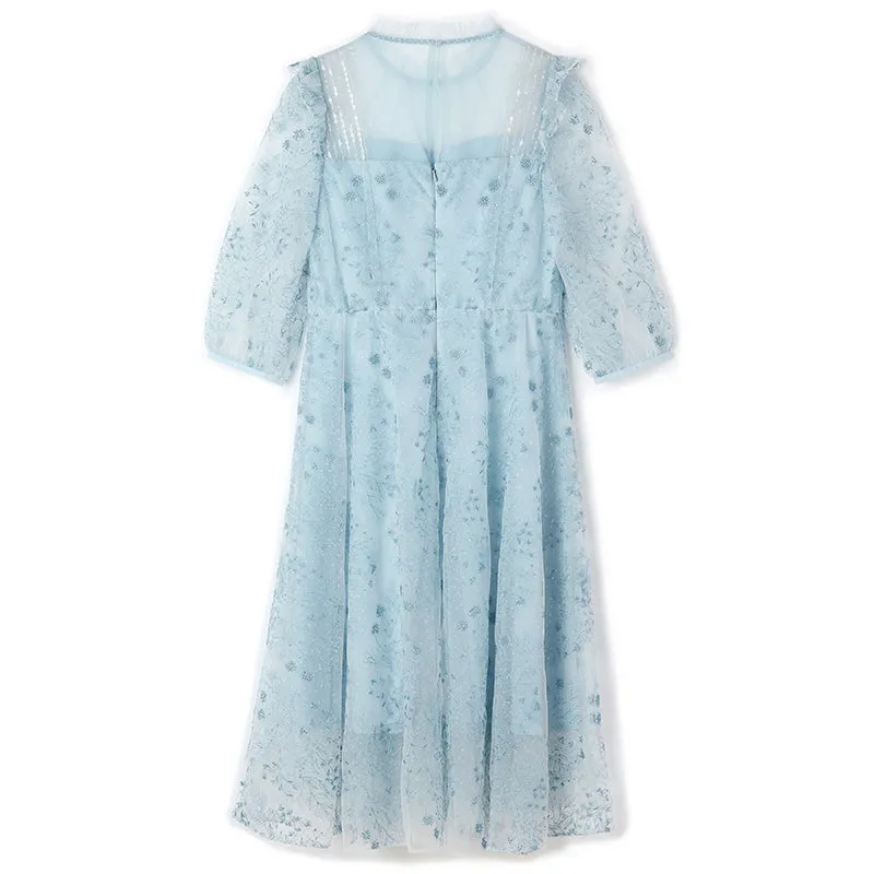 Blue See-Through Tulle Embroidered Dress