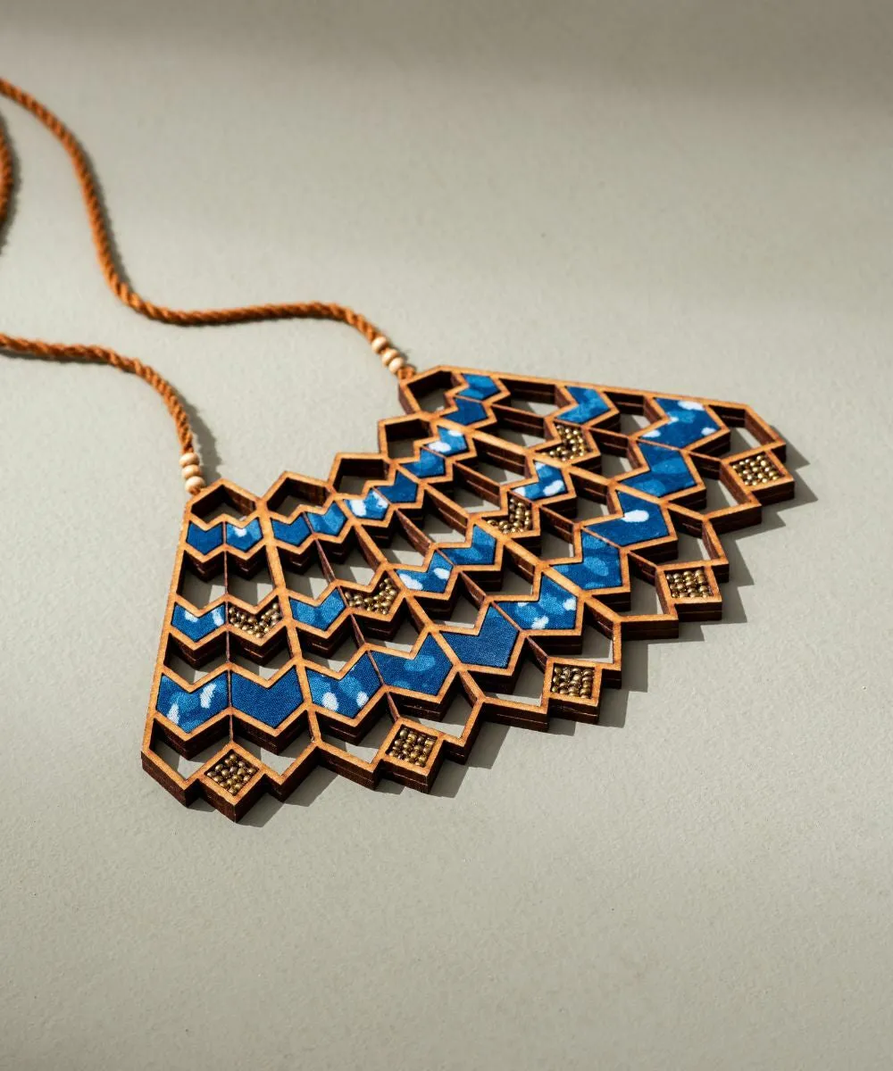 Blue wave pattern kalamkari upcycled fabric repurposed wood necklace