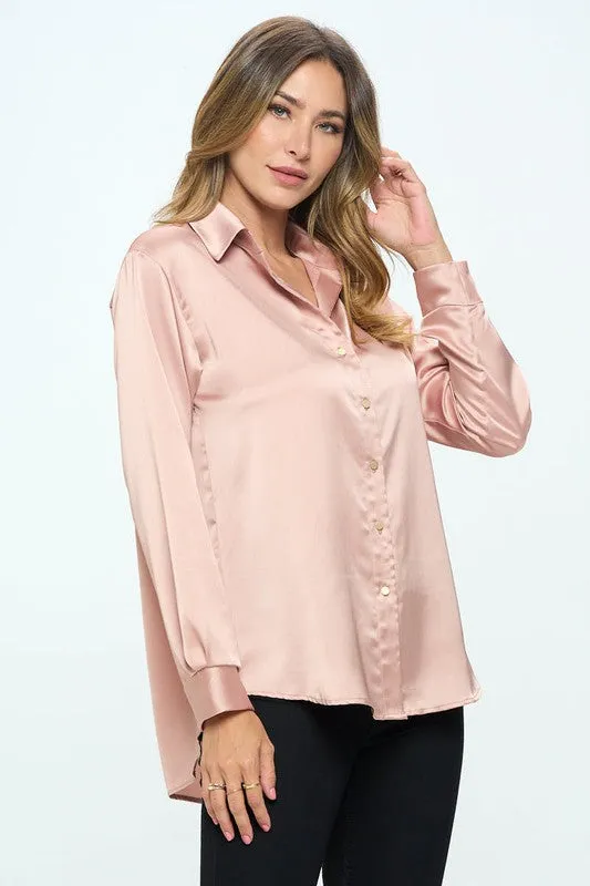 Blush Satin V-neck Button-Down