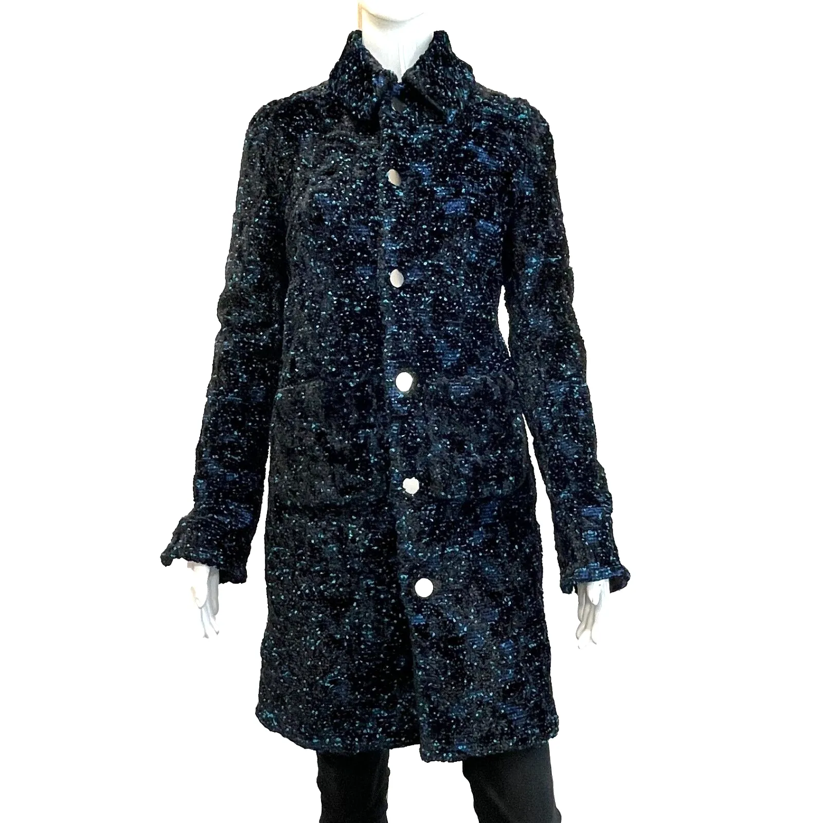 Bottega Veneta 2022 black turquoise Chenile Boucle coat Midnight Blue IT 36 US 0