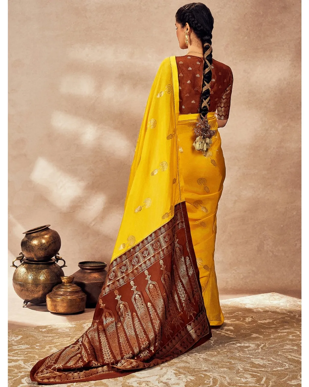 Brown And Yellow Jacquard Sari Set