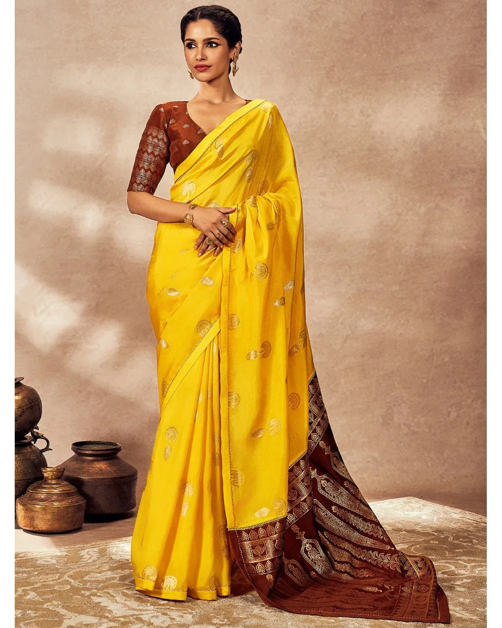 Brown And Yellow Jacquard Sari Set