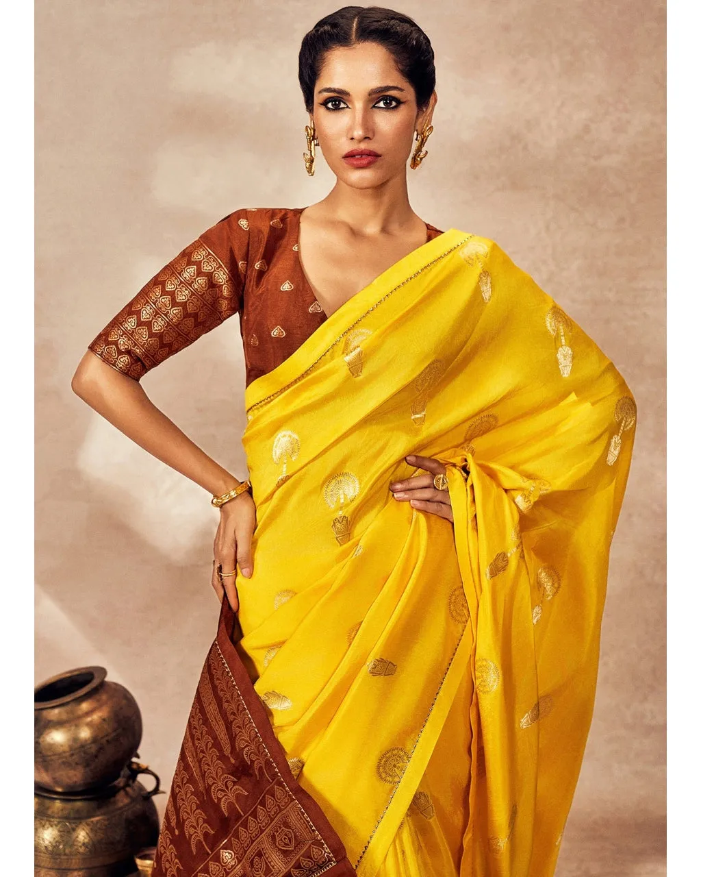 Brown And Yellow Jacquard Sari Set