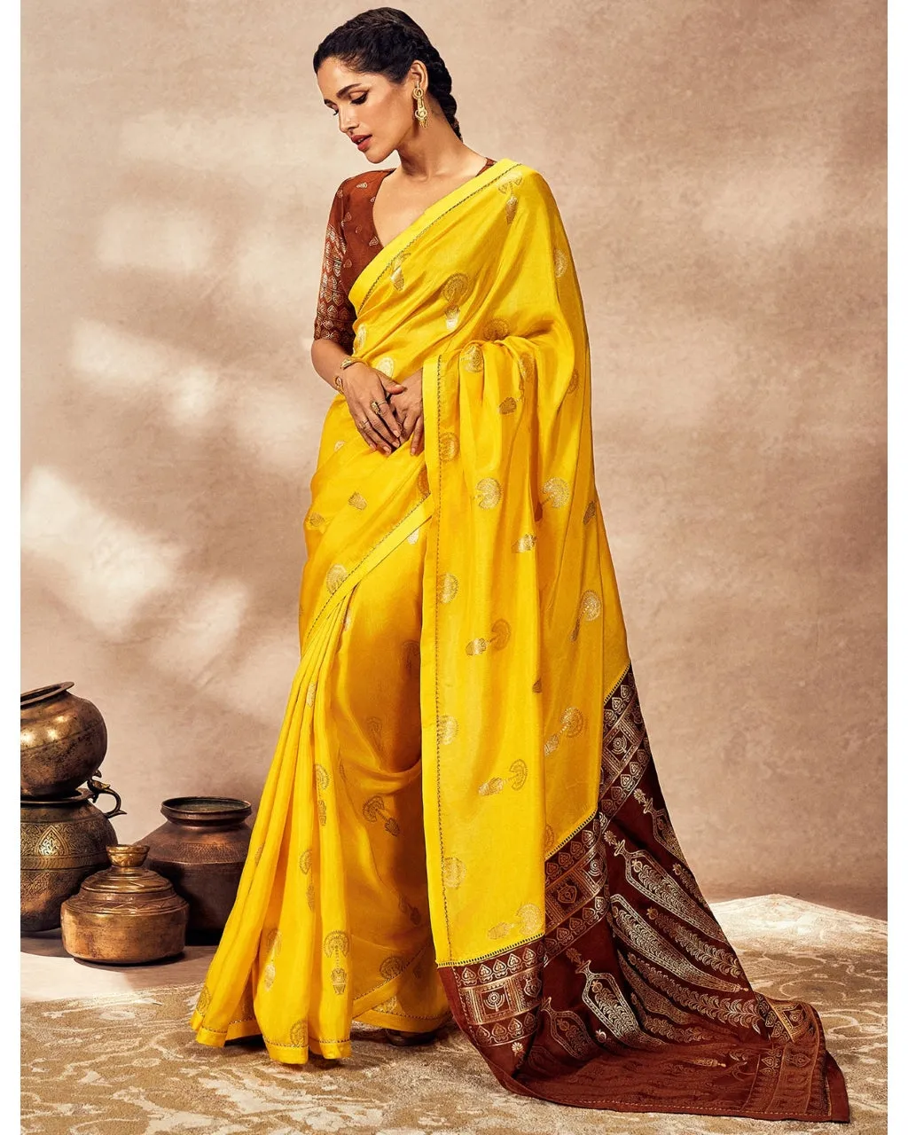 Brown And Yellow Jacquard Sari Set