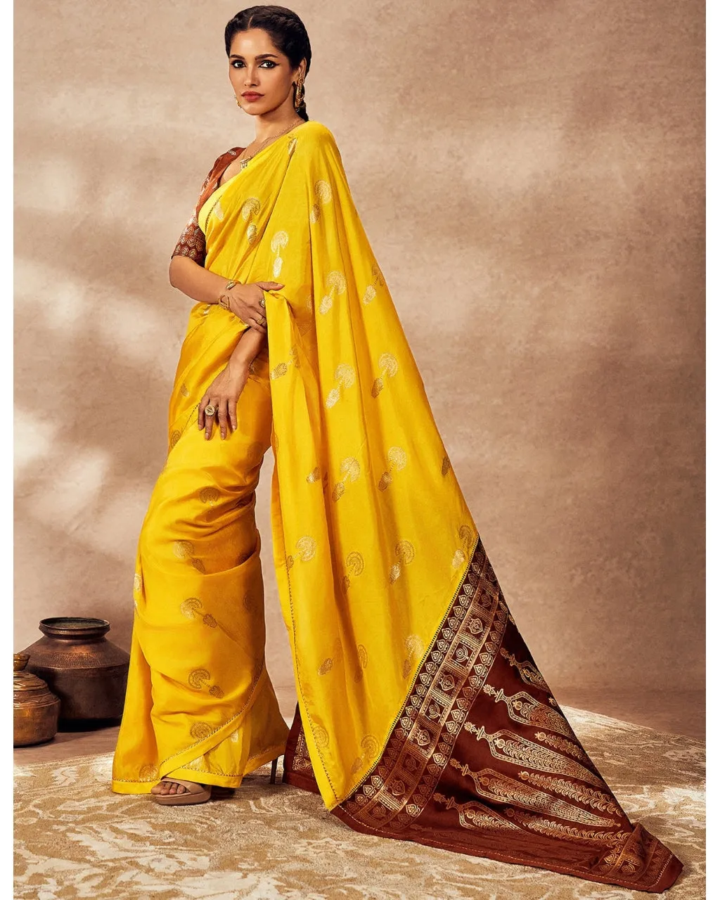 Brown And Yellow Jacquard Sari Set