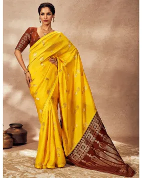 Brown And Yellow Jacquard Sari Set