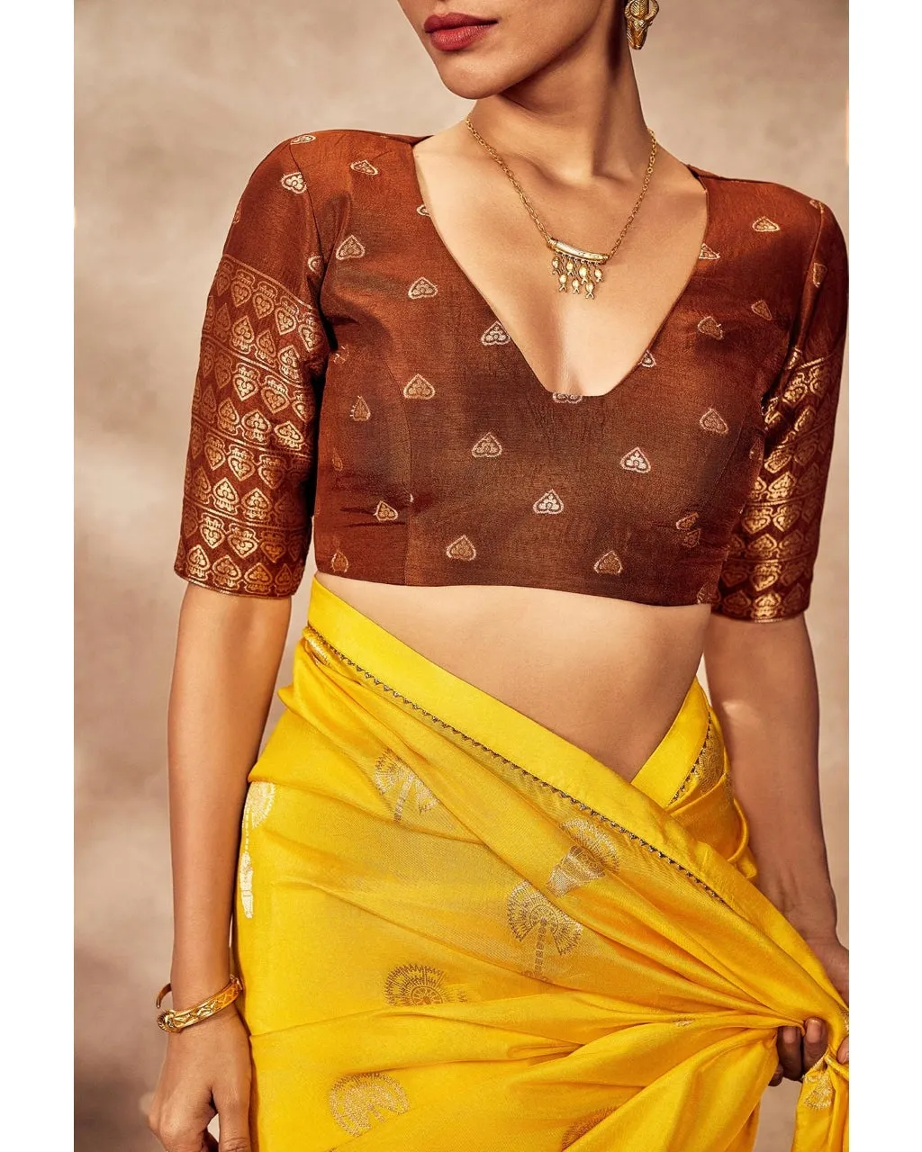 Brown And Yellow Jacquard Sari Set