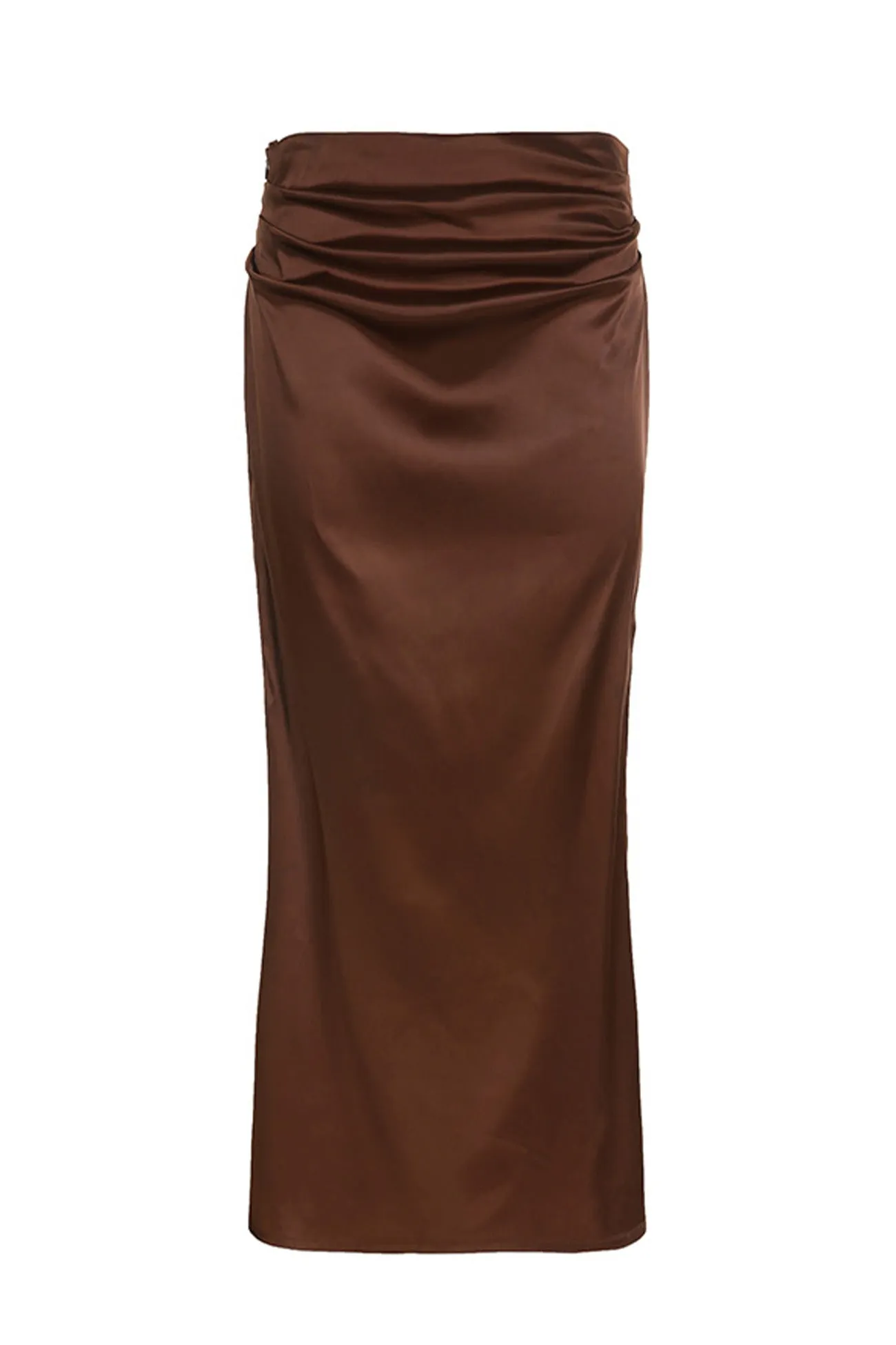 Brown Satin Low-Rise Slit Midi Skirt