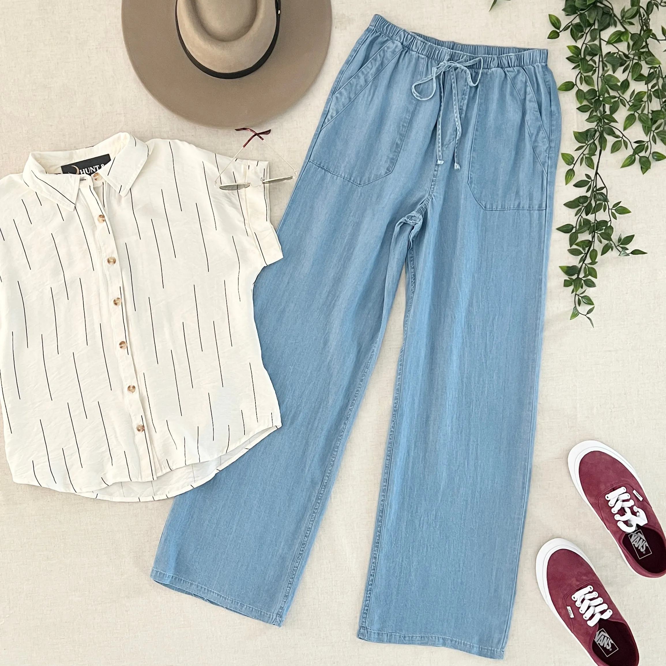 Chambray Wide Leg Pants - Denim Blue