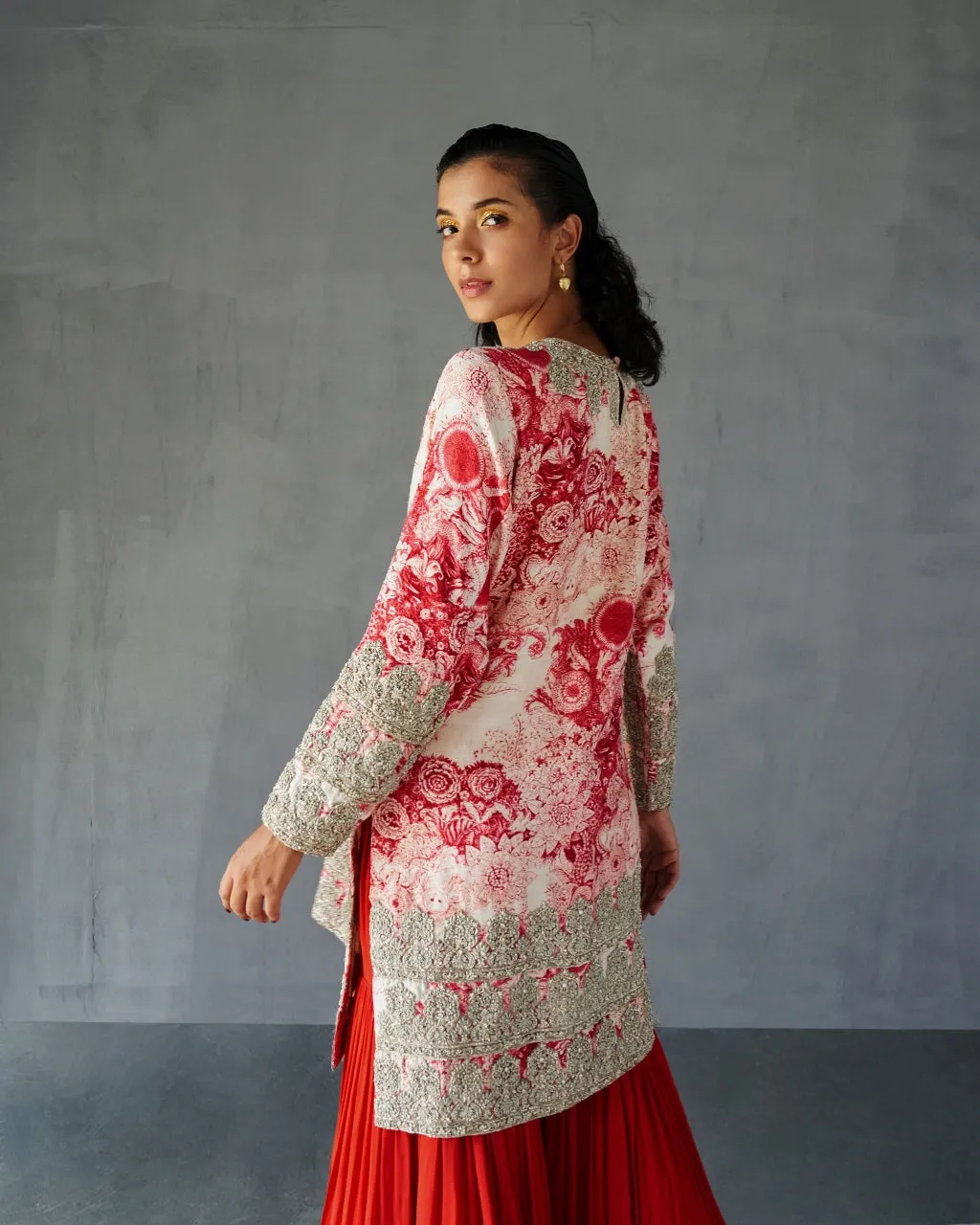 Champagne Red Blossom Kurta Sharara Set