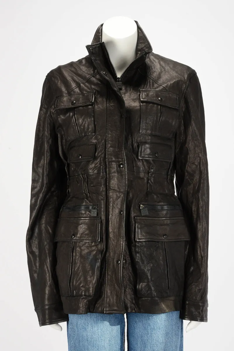 Chanel Black Washed Leather Zip Front Jacket FR 44