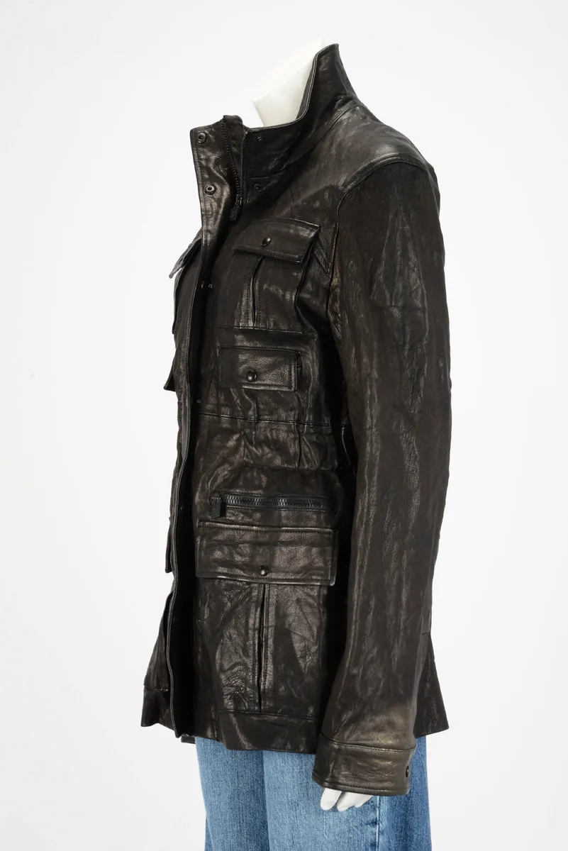 Chanel Black Washed Leather Zip Front Jacket FR 44