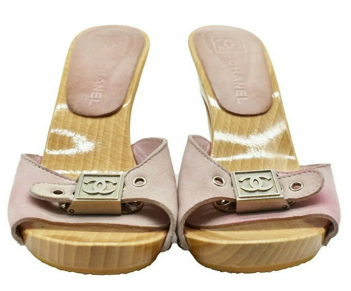 Chanel - Wood Slide Heels Sandals - Pink Suede CC Logo Buckle - 35 US 5