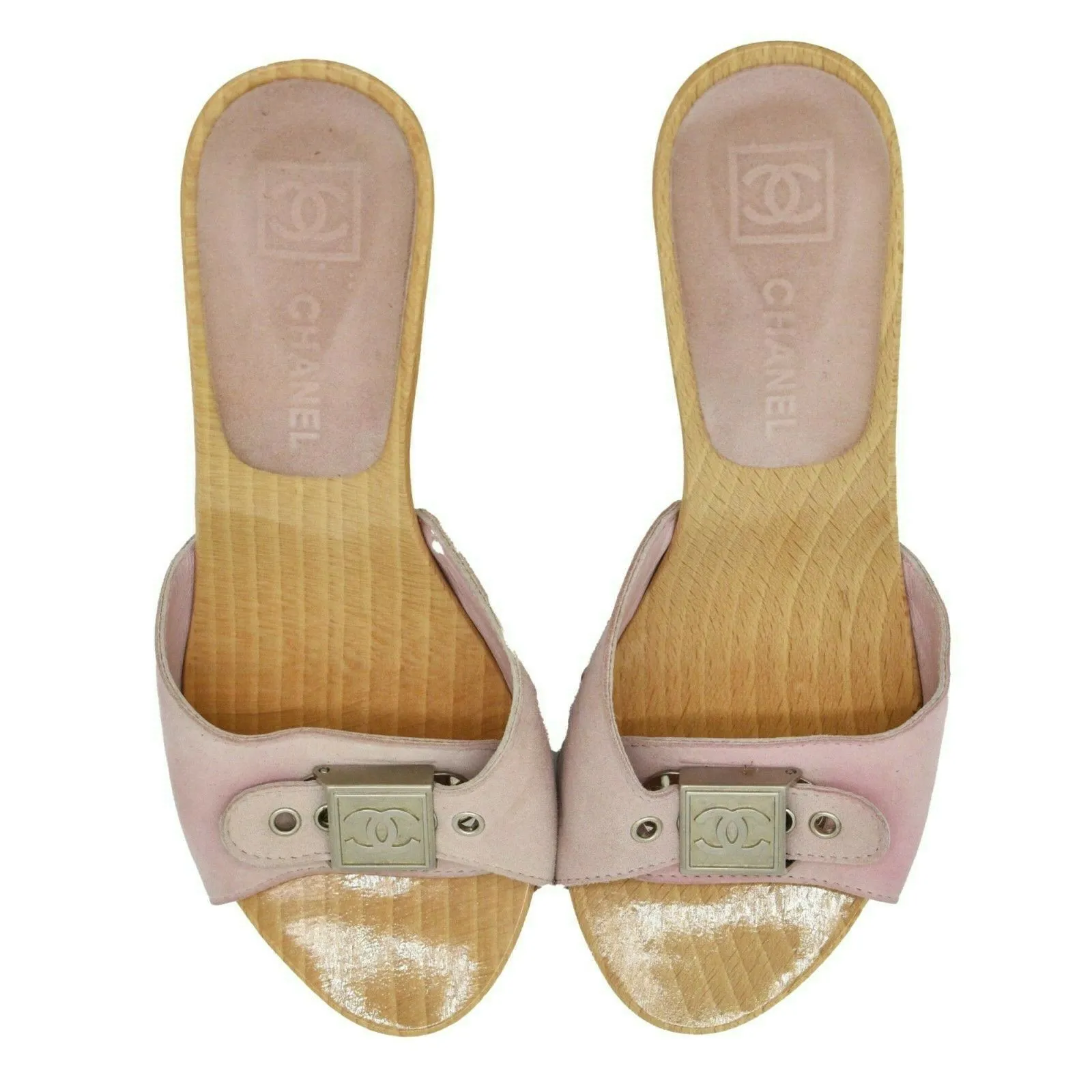 Chanel - Wood Slide Heels Sandals - Pink Suede CC Logo Buckle - 35 US 5