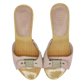 Chanel - Wood Slide Heels Sandals - Pink Suede CC Logo Buckle - 35 US 5