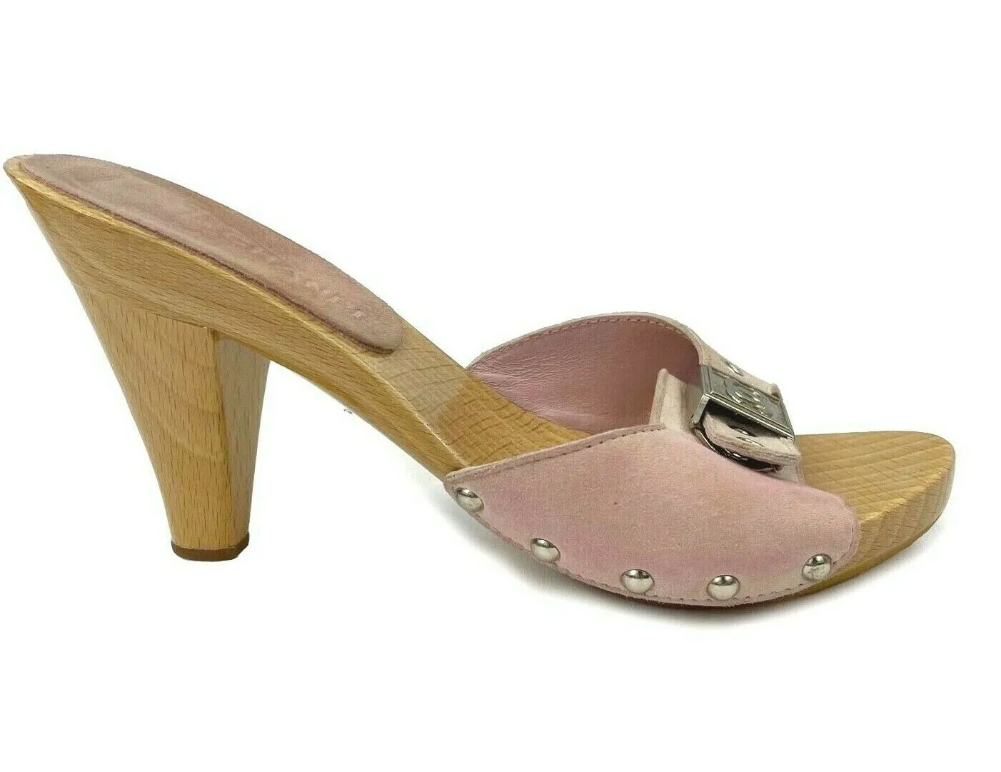 Chanel - Wood Slide Heels Sandals - Pink Suede CC Logo Buckle - 35 US 5