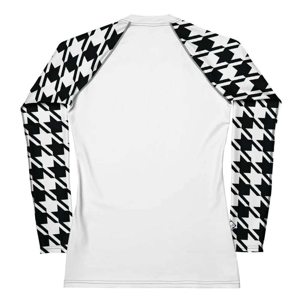 Classic Elegance: Women's Long Sleeve Houndstooth BJJ Rash Guard Blanc