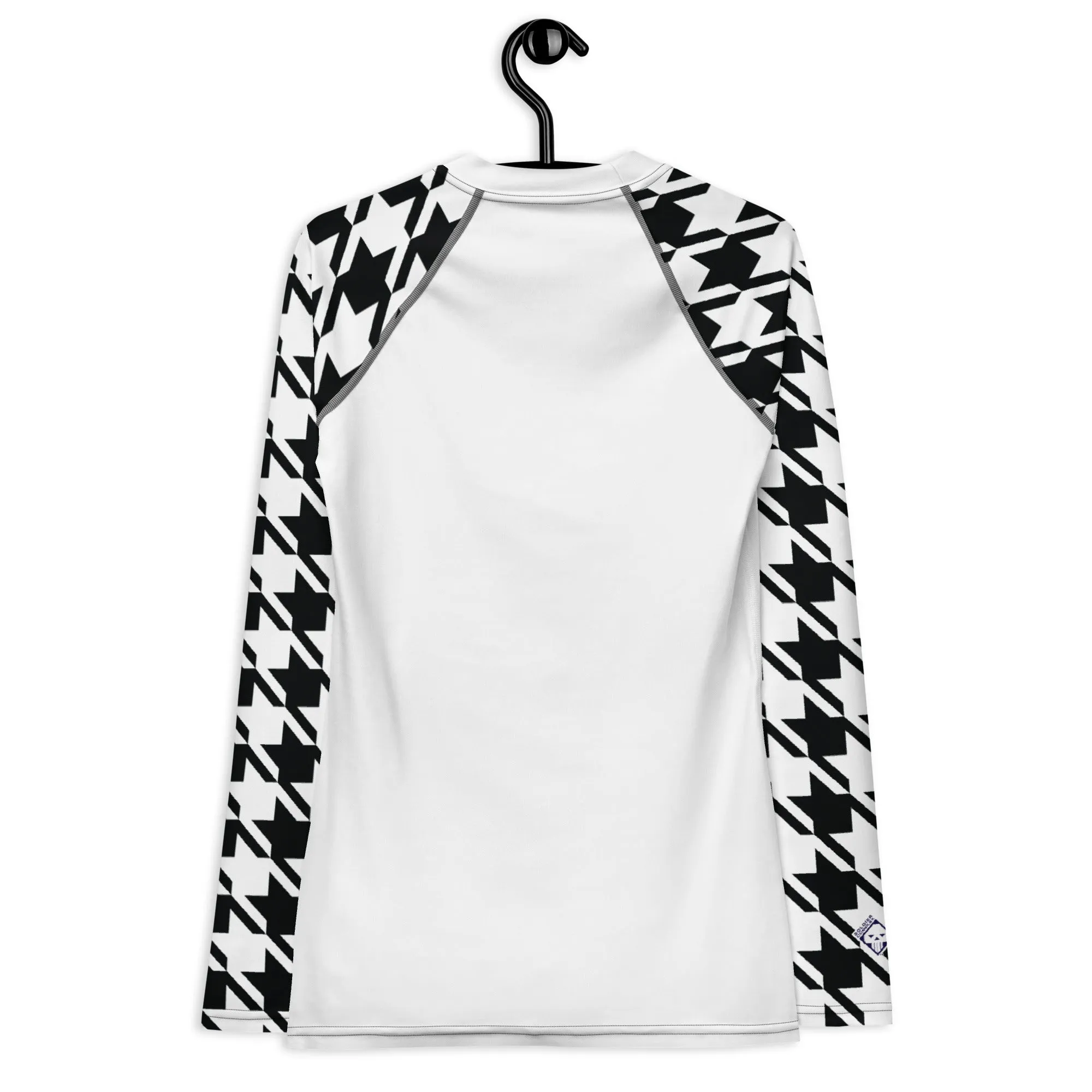 Classic Elegance: Women's Long Sleeve Houndstooth BJJ Rash Guard Blanc