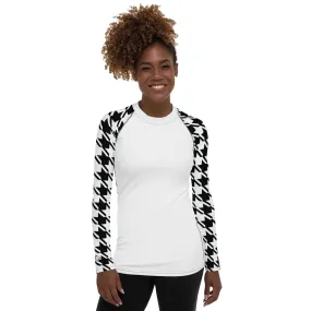 Classic Elegance: Women's Long Sleeve Houndstooth BJJ Rash Guard Blanc